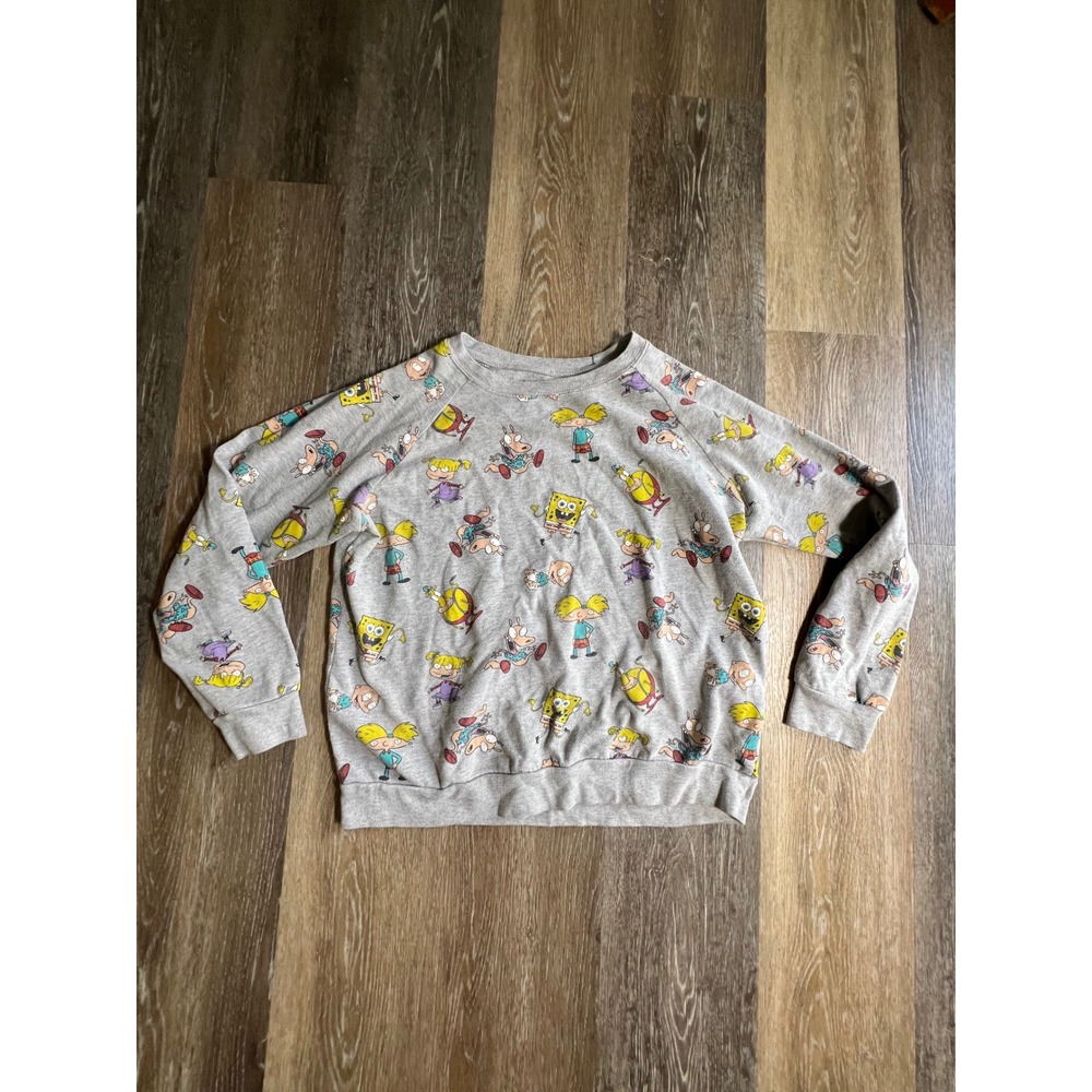 Nickelodeon Sweatshirt Juniors Large Grey Good All Over Print 90s Cartoons